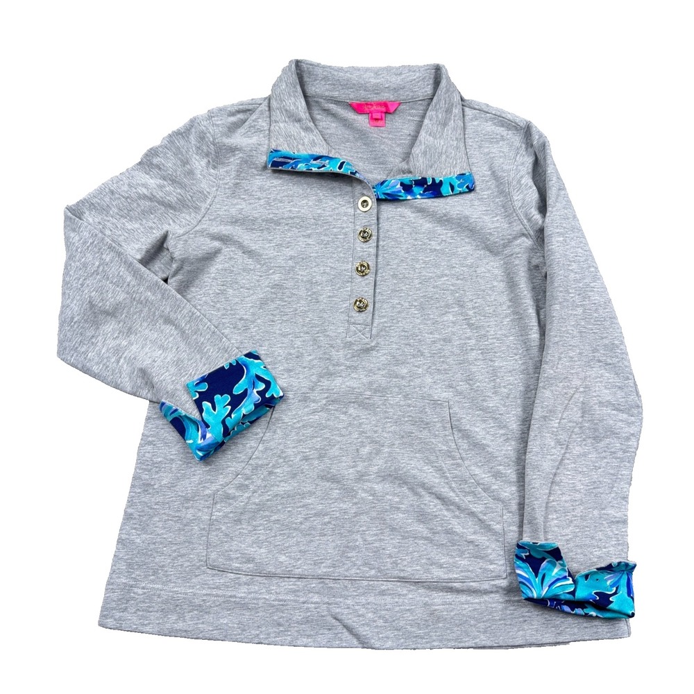 Lilly Pulitzer Pullover Women Medium Gray Captain Skipper Popover Blue Trim